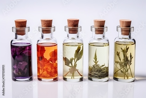 Set of natural essential oils in bottles on white background