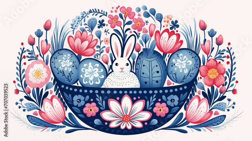 Lovely hand drawn easter bunnies seamless pattern, cute rabbits, springs flowers and easter eggs - great for textiles, banners, wallpapers, wrapping, cards
