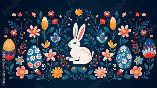 Lovely hand drawn easter bunnies seamless pattern, cute rabbits, springs flowers and easter eggs - great for textiles, banners, wallpapers, wrapping, cards