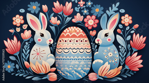 Lovely hand drawn easter bunnies seamless pattern, cute rabbits, springs flowers and easter eggs - great for textiles, banners, wallpapers, wrapping, cards