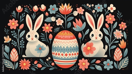 Lovely hand drawn easter bunnies seamless pattern, cute rabbits, springs flowers and easter eggs - great for textiles, banners, wallpapers, wrapping, cards