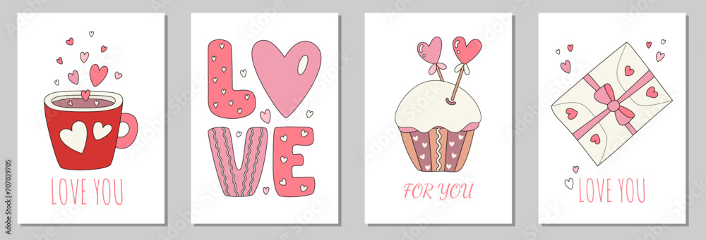 Set of cute greeting cards for Valentine's Day. Vector postcards with declaration of love on isolated background. Valentine's day hand drawn greeting cards collection. Poster Template Set of cute greeting cards for Valentine's Day. Vector postcards with declaration of love on isolated background. Valentine's day hand drawn greeting cards collection. Poster Template