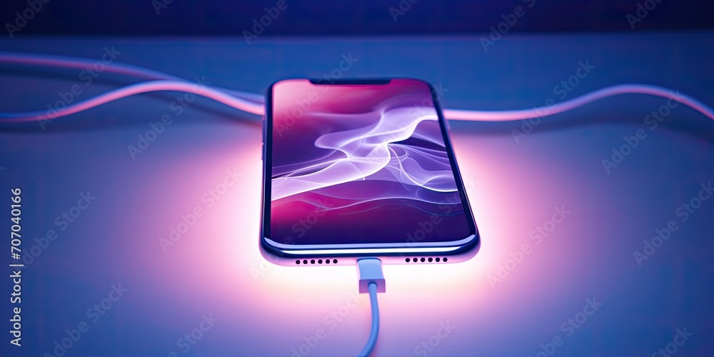 A fully charged battery icon displayed on the cellphone's touchscreen alongside a USB Type-C cable emphasizes maintaining smartphone battery integrity and safety. A fully charged battery icon displayed on the cellphone's touchscreen alongside a USB Type-C cable emphasizes maintaining smartphone battery integrity and safety.