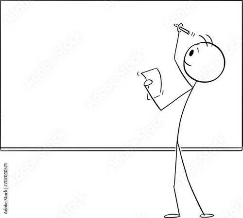 Teacher or Student Writing on Whiteboard or Blackboard, Vector Cartoon Stick Figure Illustration