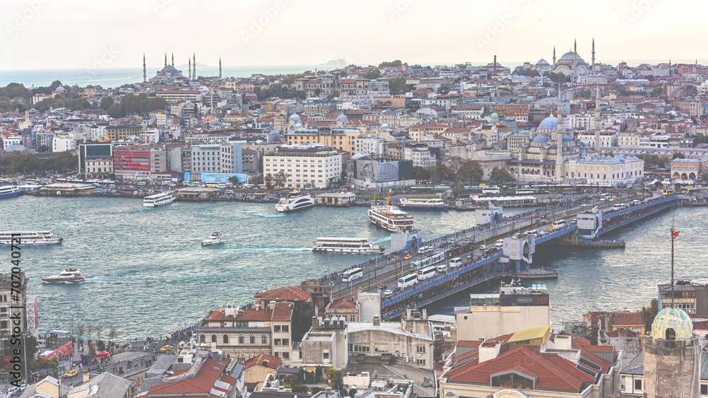 Istanbil panorama as seen from Galata tower. Golden horn, Fatih and Galata bridge. Old photo stylization. Istanbul, Turkey (Turkiye)