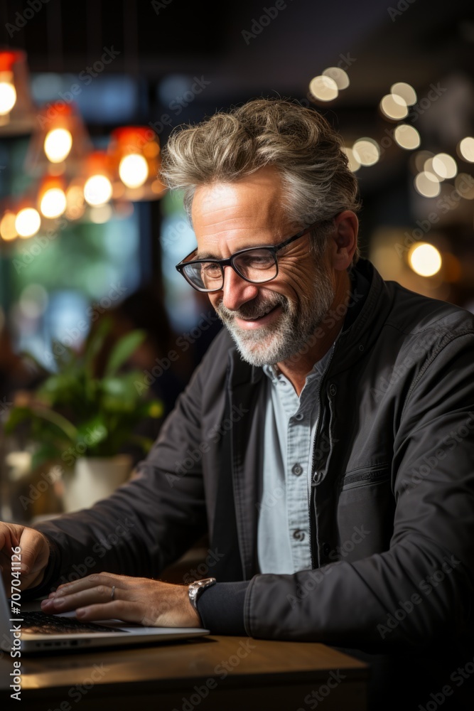 Senior entrepreneur, full of confidence, working on a laptop in a stylish and well-lit co-working space, Generative AI Senior entrepreneur, full of confidence, working on a laptop in a stylish and well-lit co-working space, Generative AI