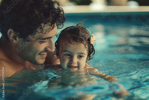 father is teaching his child to swim © Kien