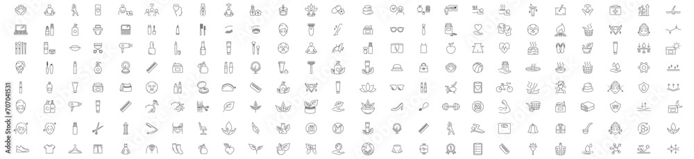 Beauty, Cosmetics, Hair salon, Fitness, exercise, Diet, Yoga, Skin care, Sauna, Wellness, relaxation, health, Gym, Makeup, editable stroke line illustration icon collection vector set. 