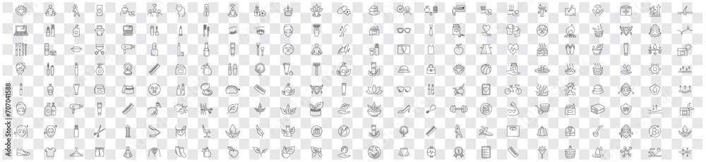 Beauty, Cosmetics, Hair salon, Fitness, exercise, Diet, Yoga, Skin care, Sauna, Wellness, relaxation, health, Gym, Makeup, editable stroke line illustration icon collection vector set. Beauty, Cosmetics, Hair salon, Fitness, exercise, Diet, Yoga, Skin care, Sauna, Wellness, relaxation, health, Gym, Makeup, editable stroke line illustration icon collection vector set.