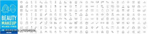 Beauty, Cosmetics, Hair salon, Fitness, exercise, Diet, Yoga, Skin care, Sauna, Wellness, relaxation, health, Gym, Makeup, editable stroke line illustration icon collection vector set. 