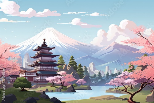  Immerse yourself in the cartoon aesthetic with a background featuring a Japan landscape, where characters embark , Generative AI 