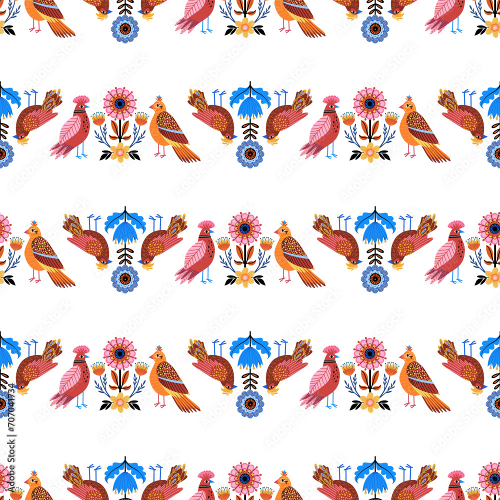 Seamless pattern with birds, ornament, folk, spring print, pattern with flowers and birds, vector, Bright summer print.