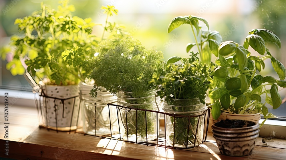 Kitchen garden, herbs on windowsill Kitchen garden, herbs on windowsill