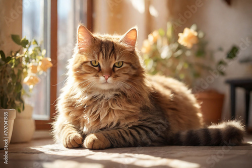 Beautiful ginger cat resting near window at home. Fluffy pet