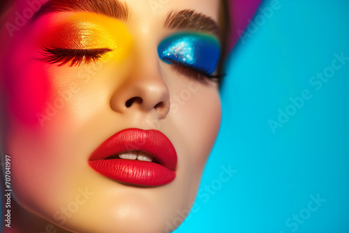 Fashion model woman face with fantasy art make-up. Bold makeup  glance Fashion art portrait  incorporating neon colors. Advertising design for cosmetics  beauty salon. content.