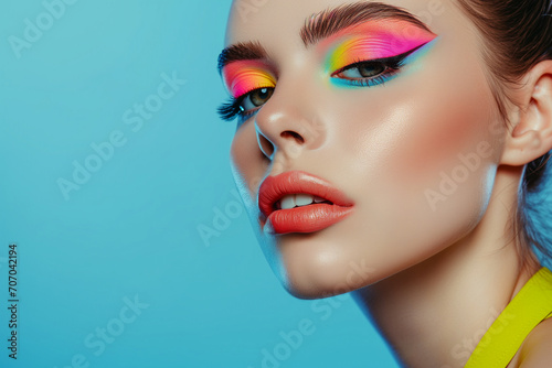 Fashion model woman face with fantasy art make-up. Bold makeup  glance Fashion art portrait  incorporating neon colors. Advertising design for cosmetics  beauty salon. content.