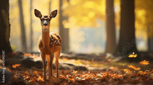 Deer baby standing in the forest with autumn leaves, in the style of photo-realistic landscapes, bokeh, wimmelbilder, hyperrealistic animal portraits, photo taken with provia, cute and colorful, cabin photo