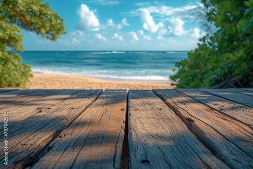 Empty wooden table and blurred beach background. Generative AI