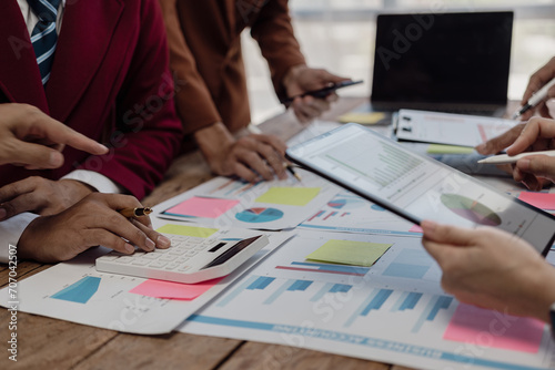 Businessmen brainstorm and work together on finance and marketing of new business, company meeting discuss planning Working in an organization and analysis of business strategies, close-up images