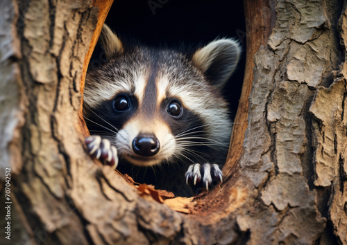 Two raccoon looking through a hole in one tree, in the style of quadratura, nul group, group material