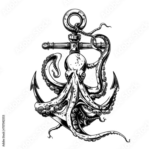 a drawing of an octopus entwined with an anchor in black and white.