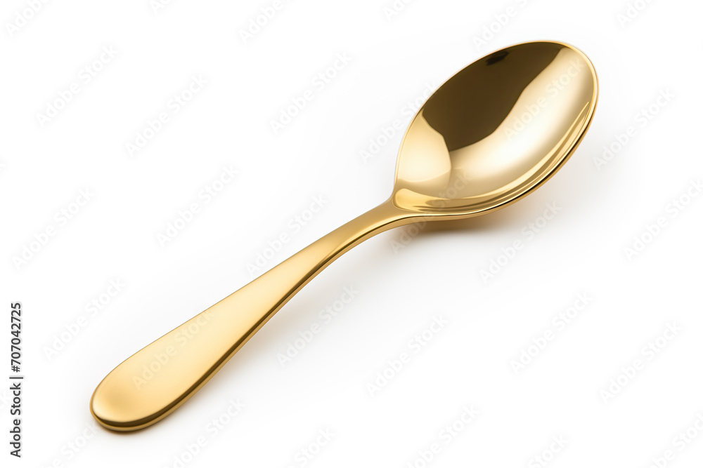 Shiny gold spoon isolated on white, highlighting curves and reflective surface. Perfect for culinary and kitchenware concepts. Shiny gold spoon isolated on white, highlighting curves and reflective surface. Perfect for culinary and kitchenware concepts.