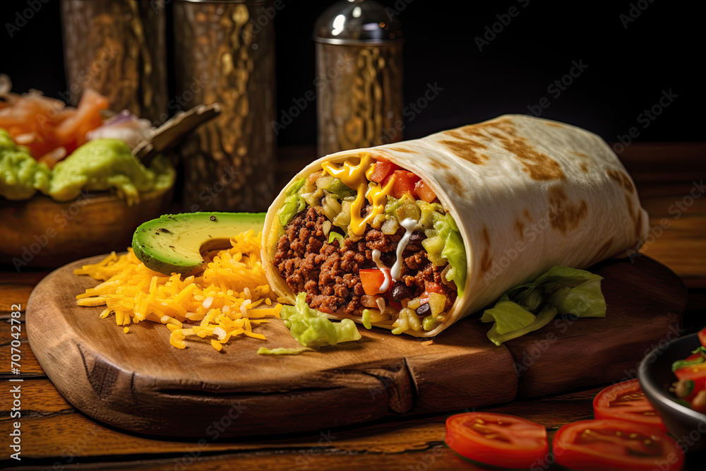 A delicious beef burrito, cut in half to reveal a colorful mix of fresh ingredients, served on a wooden board amidst a rustic setting.