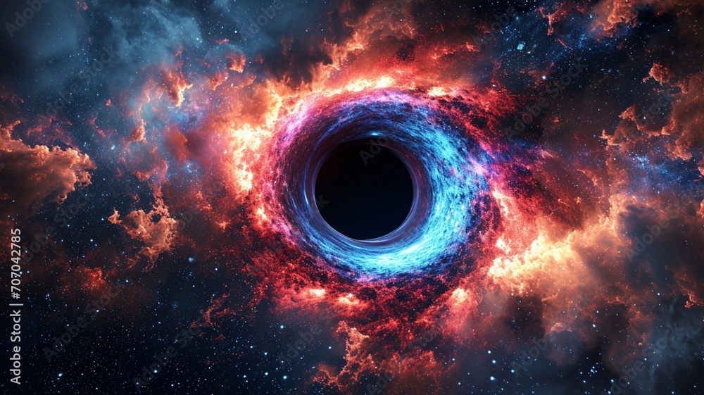 An intricate depiction of a black hole swallowing cosmic matter, portraying the enigmatic aspects of astrophysics.  - Generative AI - obrazy, fototapety, plakaty 