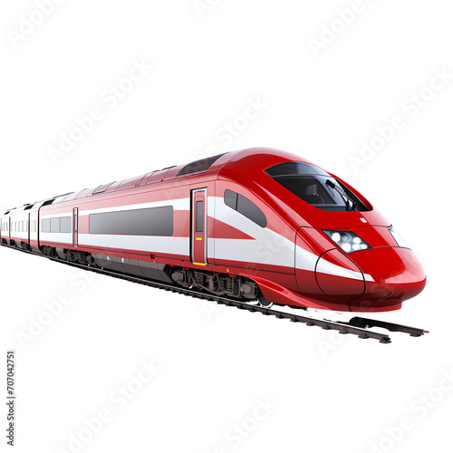 Red modern high-speed train on transparent background PNG. Mass transit and crowd concept.