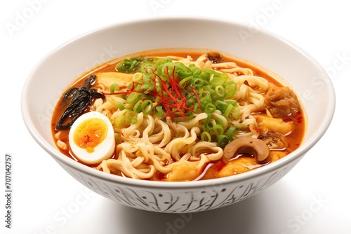 A close-up image showcasing a bowl of appetizing ramen, garnished with fresh green onions, a boiled egg, mushrooms, and red spices.