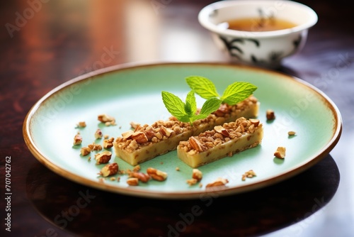 nut bars with mint leaf garnish on plate