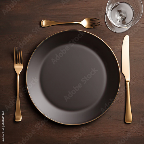 A top view of an elegant dining set with a dark plate, golden cutlery, and a clear glass on a rich wooden table.
