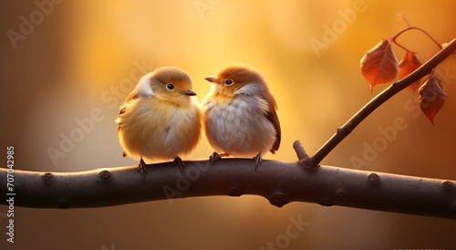 Two birds on a branch in the autumn light, in the style of cute and dreamy, light brown and light amber