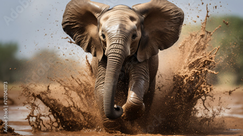 The baby elephant jumping into the muddy water, in the style of epic portraiture, wimmelbilder, high resolution