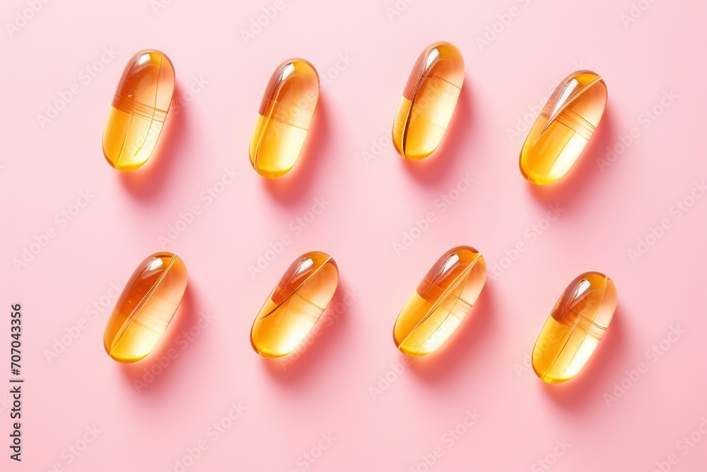 Gelatin capsules of omega 3 on pink background Gelatin capsules of omega 3 on pink background