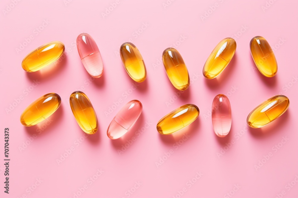 Gelatin capsules of omega 3 on pink background Gelatin capsules of omega 3 on pink background