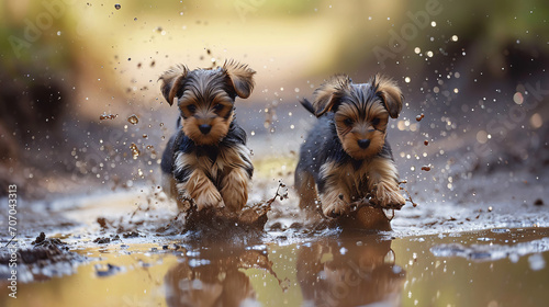 Two Yorkshire Terrier puppies playing in a puddle in the rain