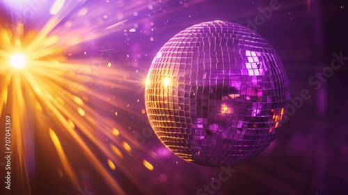 Close-Up Of Shiny Disco Ball. Mirror ball on colorful purple background