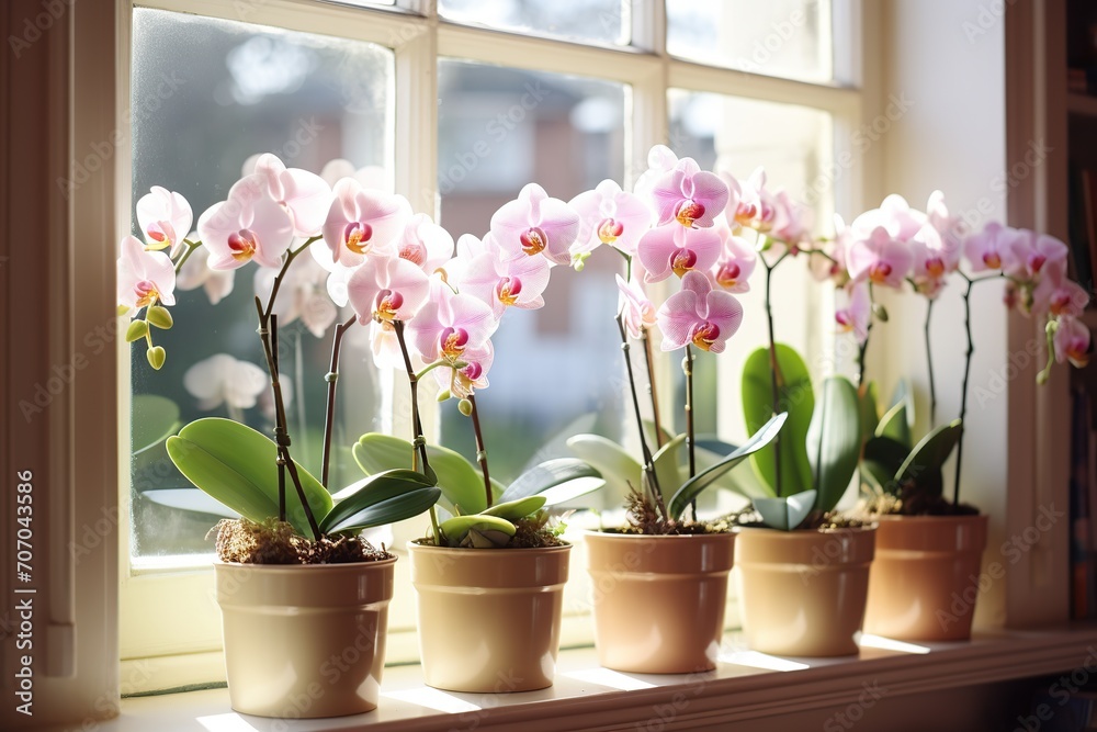 Beautiful pink orchid flower in pots on windowsill Beautiful pink orchid flower in pots on windowsill