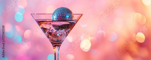 Party cocktail with disco ball on bright neon background. Disco party, retro fashion. Contemporary style festive backdrop for card, banner, flyer, menu photo
