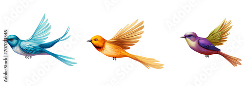 Drawing of a beautiful colorful bird flying on a transparent background PNG.