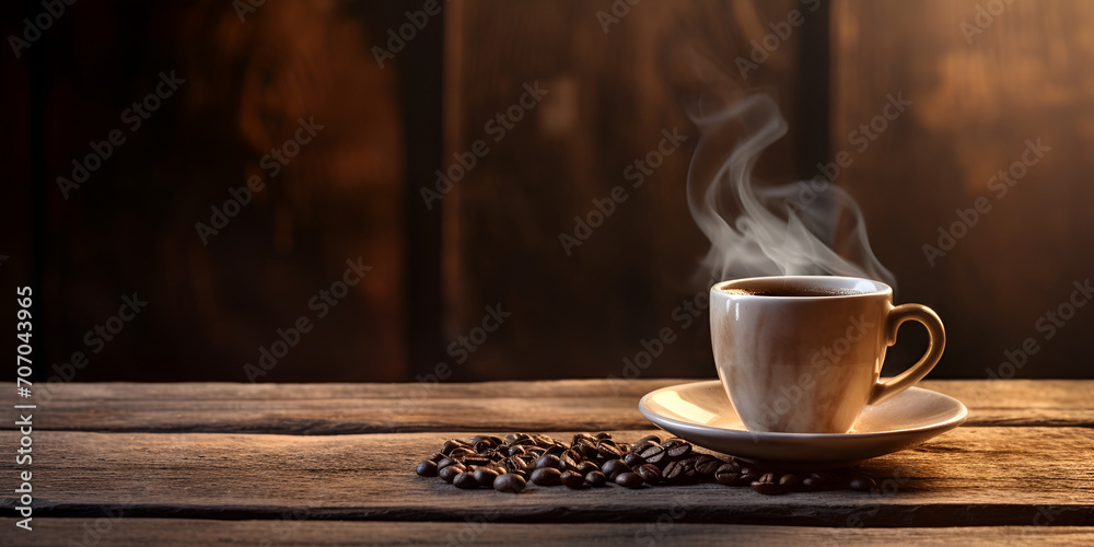 banner. A cup of coffee. steam. hot coffee. Coffee beans on the table. View from the top - obrazy, fototapety, plakaty 