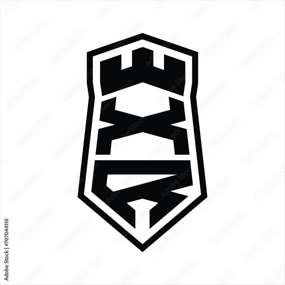 XR Letter Logo monogram hexagon shield shape up and down with crown castle isolated style design XR Letter Logo monogram hexagon shield shape up and down with crown castle isolated style design