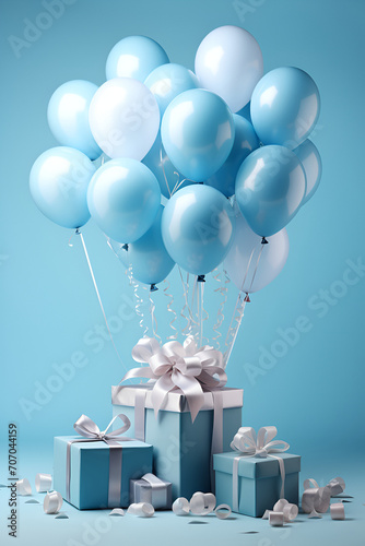  blue gift box with balloons. Gifts balloons wall. Copy space