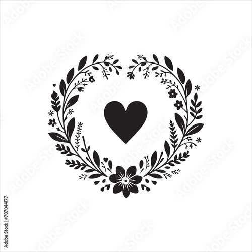 Subtle Petal Harmony Heart Silhouette: A Serene and Poetic Depiction of Love in Nature - Valentine Silhouette - Floral Heart Vector Stock
