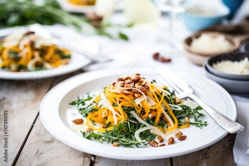 spiralized butternut salad with toasted almonds, parmesan flakes