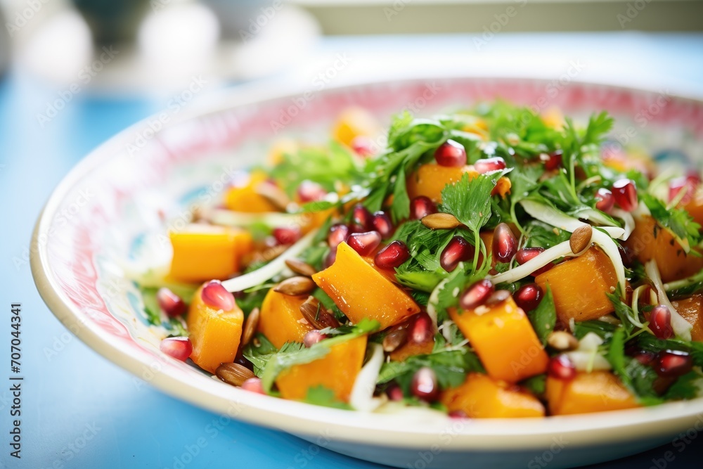close-up of butternut squash salad with pomegranate seeds