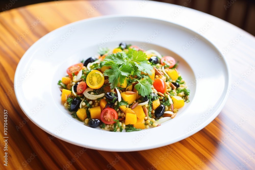 butternut squash salad with charred corn, black olives, cherry tomatoes, cilantro