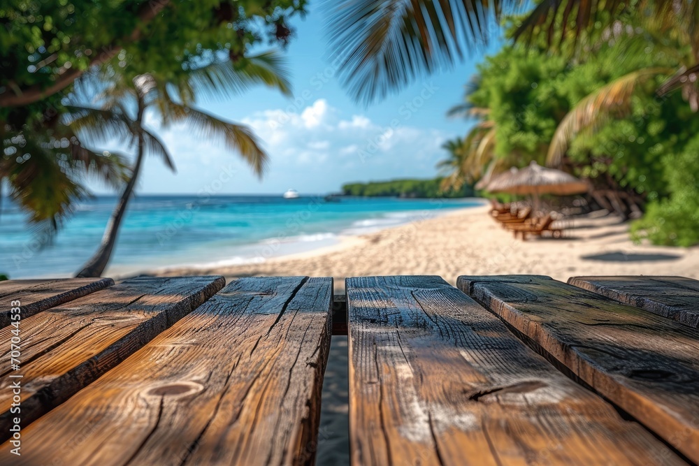 Empty wooden table and blurred beach background. Generative AI