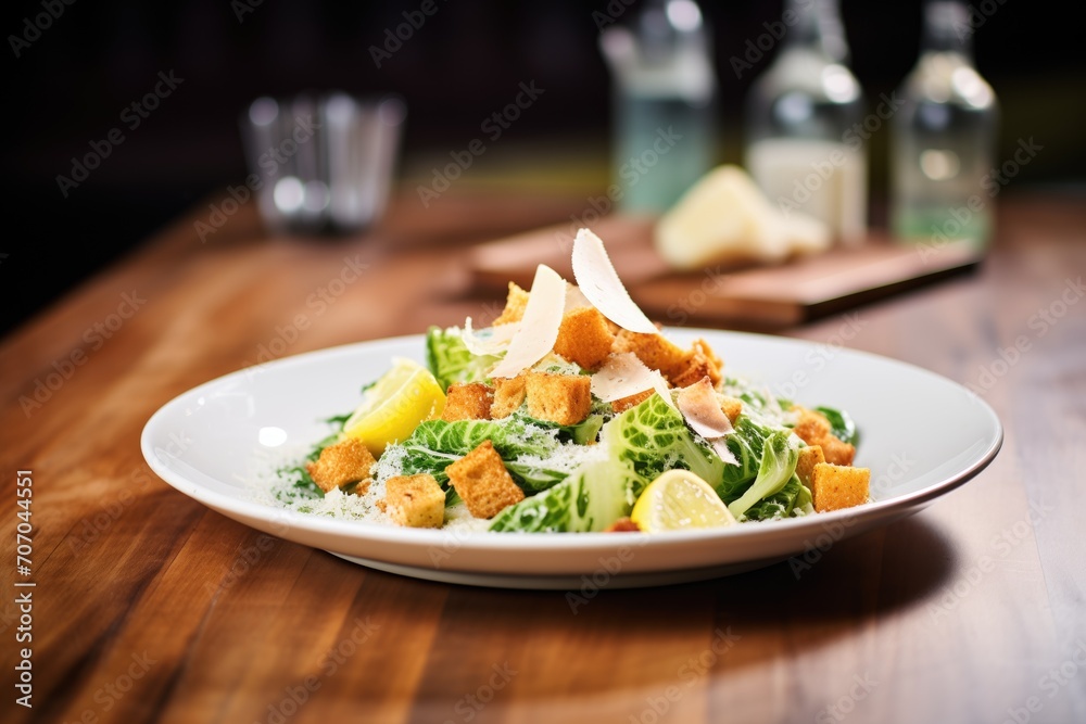caesar salad with crispy croutons and parmesan shavings